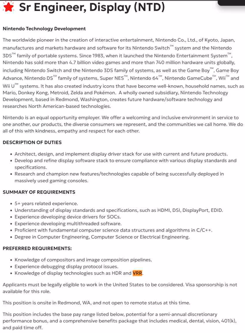 Switch 2 VRR : Nintendo recrute sur l’affichage, le mode TV reste sans support 2 Document texte décrivant les responsabilités et exigences pour un poste d'ingénieur chez Nintendo