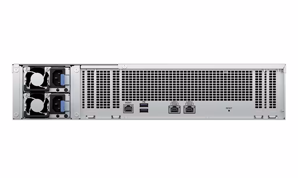 Synology FS6420 : une baie 100 % flash à 929 000 IOPS pour les charges critiques 3 Baie Synology rackable 2U vue arrière, double ventilateurs, ports réseau et connecteurs d’alimentation visibles.
