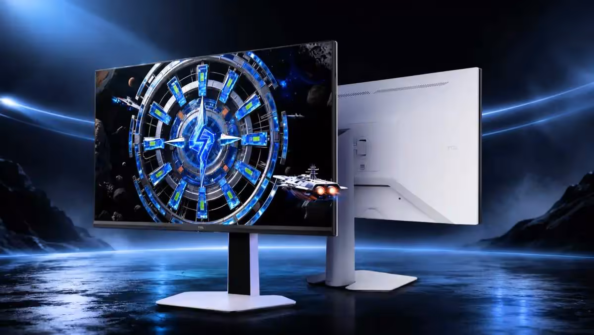 TCL 27C2A : un écran Mini LED 27 pouces entre 4K 160 Hz et Full HD 320 Hz 2 Moniteur TCL avec design futuriste, écran lumineux, fond sombre et contrasté