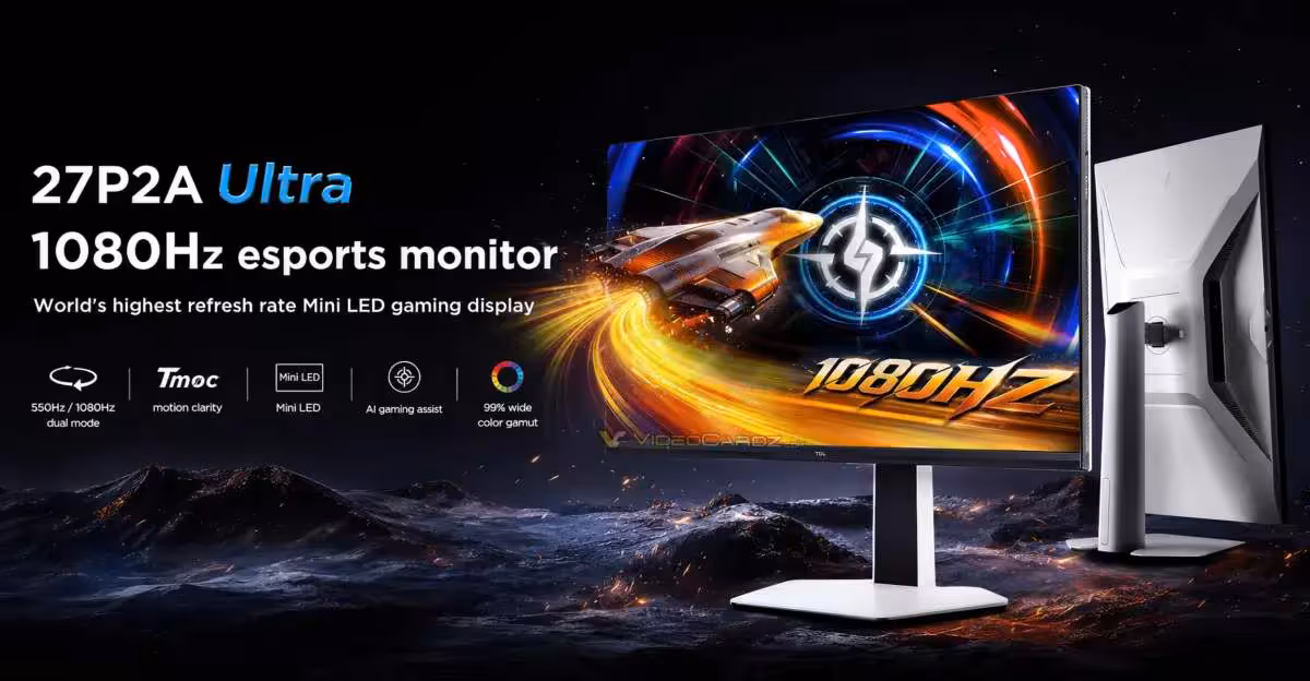 Moniteur TCL 27 pouces Mini LED avec écran vibrant et support argenté, fond sombre