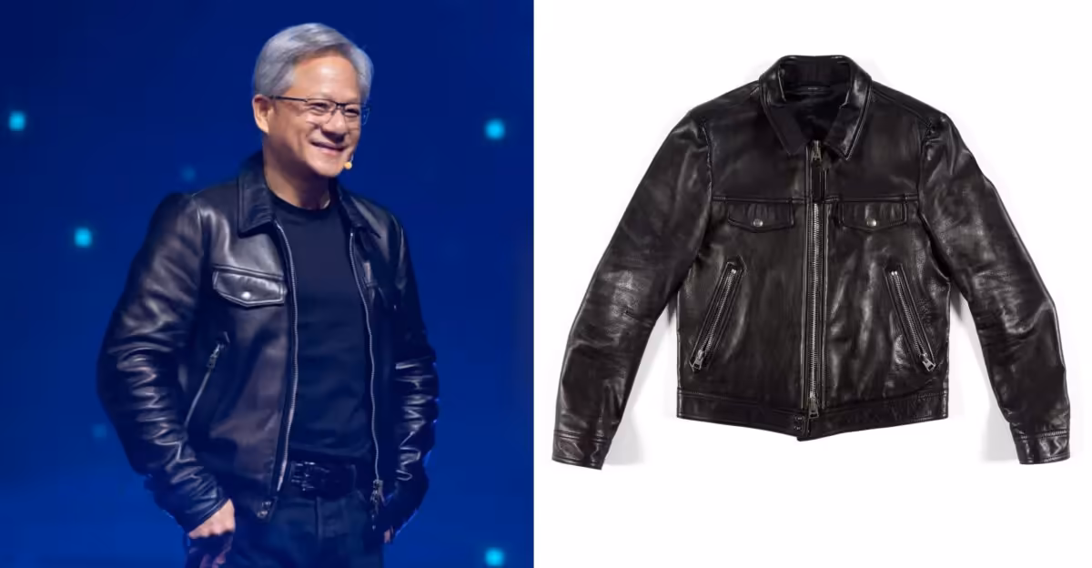 Jensen Huang : sa veste signée aux enchères vaut jusqu’au prix de 30 RTX 5090 2 Blouson en cuir noir NVIDIA éclairage studio fond neutre à droite