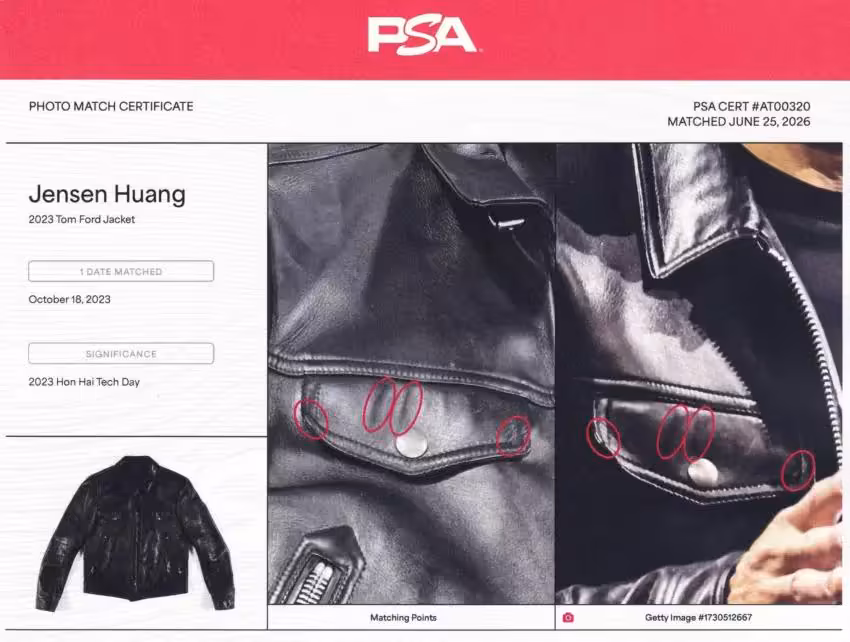 Jensen Huang : sa veste signée aux enchères vaut jusqu’au prix de 30 RTX 5090 4 Certificat photo veste Jensen Huang détails sur fond blanc et rouge