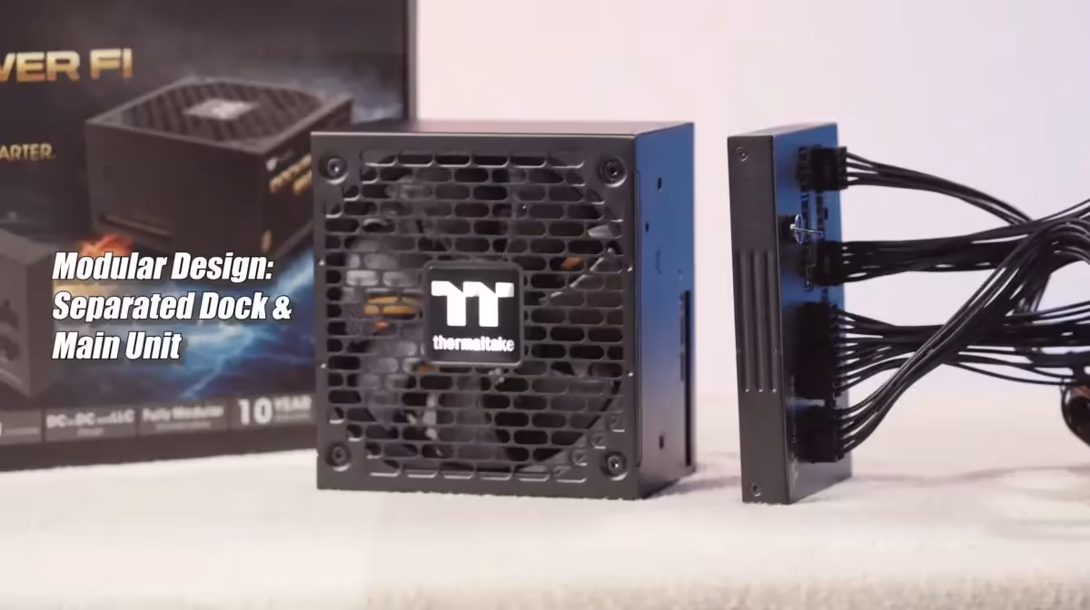 Dockpower FI : Thermaltake sépare le bloc et les câbles sur ses alimentations ATX 3.1 2 Alimentation Thermaltake Dockpower FI modules séparés texte explicatif fond clair