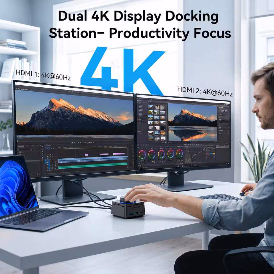 Station d’accueil TobenONE UDS060 en usage dual 4K, deux moniteurs et ordinateur portable sur bureau