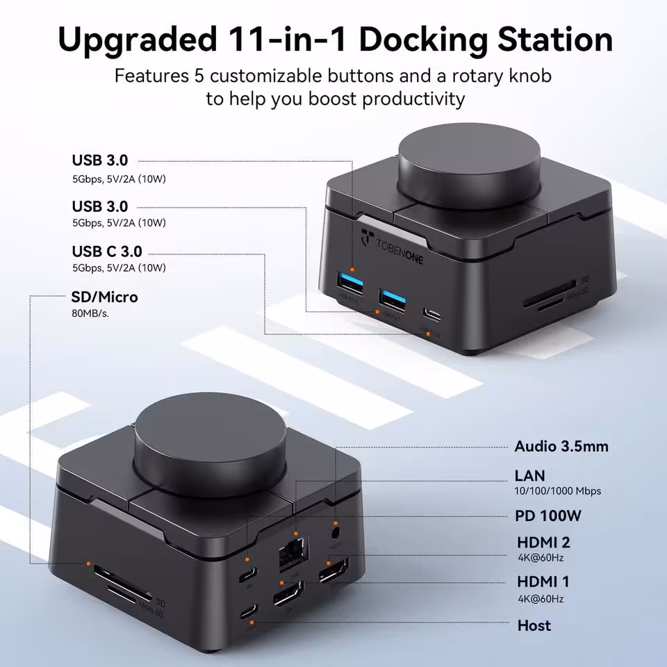 Schéma TobenONE UDS060 11-en-1 avec ports USB 3.0, HDMI 4K, LAN, audio 3,5 mm et SD/Micro