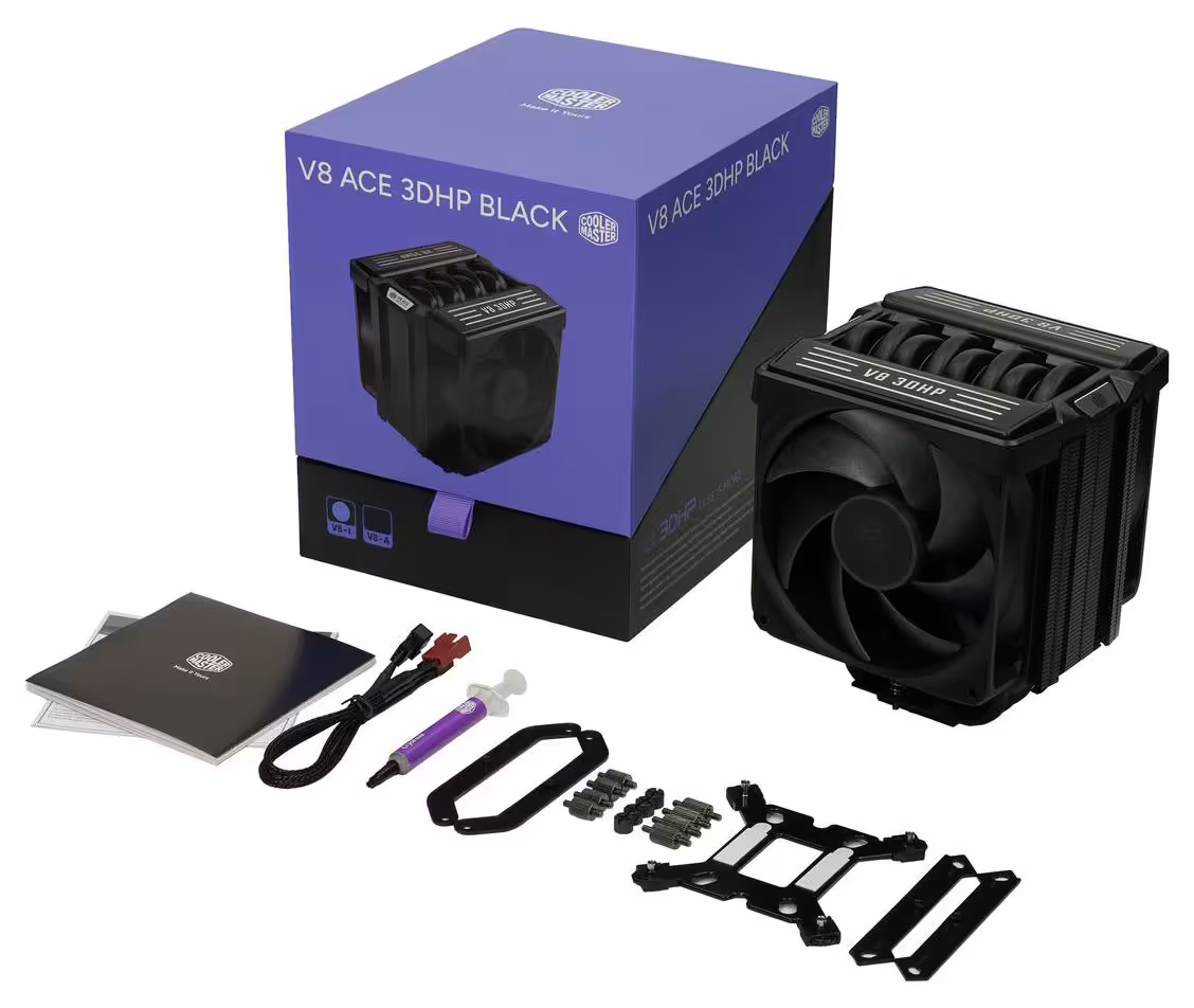 V8 ACE 3DHP : Cooler Master vise le niveau des doubles tours avec un format simple tour 10 Pack Cooler Master V8 ACE 3DHP Black avec boîte violette, accessoires de montage et manuel