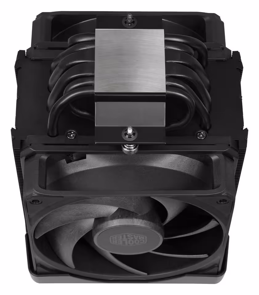V8 ACE 3DHP : Cooler Master vise le niveau des doubles tours avec un format simple tour 11 Vue du dessus du Cooler Master V8 3DHP Black, avec plaque centrale en aluminium brossé