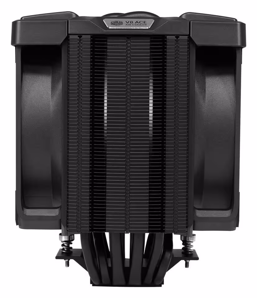 V8 ACE 3DHP : Cooler Master vise le niveau des doubles tours avec un format simple tour 3 Cooler Master V8 3DHP noir, vue de face sur le radiateur à ailettes et la base de fixation