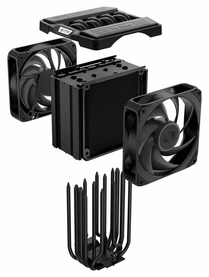 V8 ACE 3DHP : Cooler Master vise le niveau des doubles tours avec un format simple tour 4 Cooler Master V8 3DHP noir, vue éclatée montrant radiateur, deux ventilateurs et système de caloducs
