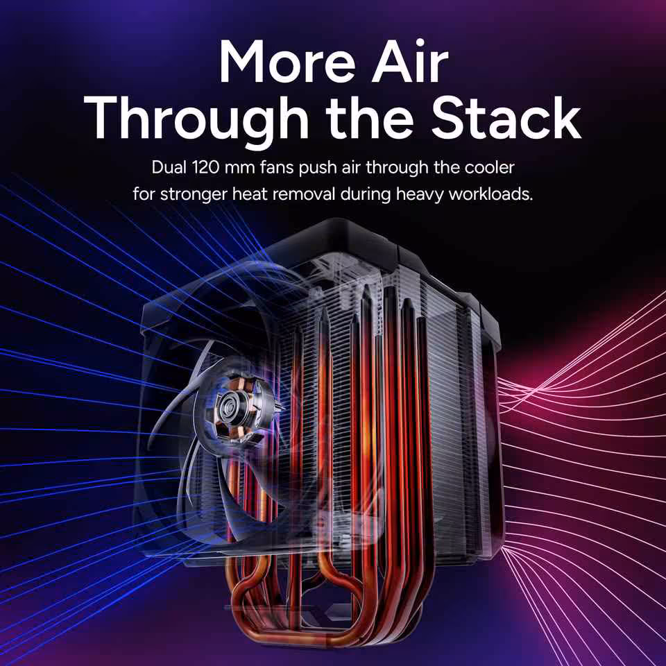 V8 ACE 3DHP : Cooler Master vise le niveau des doubles tours avec un format simple tour 6 Schéma Cooler Master V8 ACE 3DHP avec double ventilateur 120 mm et circulation d’air à travers le radiateur