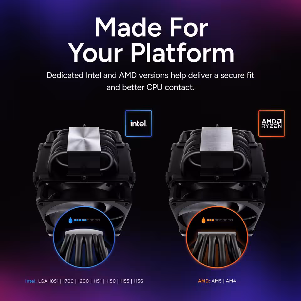 V8 ACE 3DHP : Cooler Master vise le niveau des doubles tours avec un format simple tour 8 Comparatif Cooler Master V8 ACE pour plateformes Intel et AMD, avec sockets compatibles indiqués