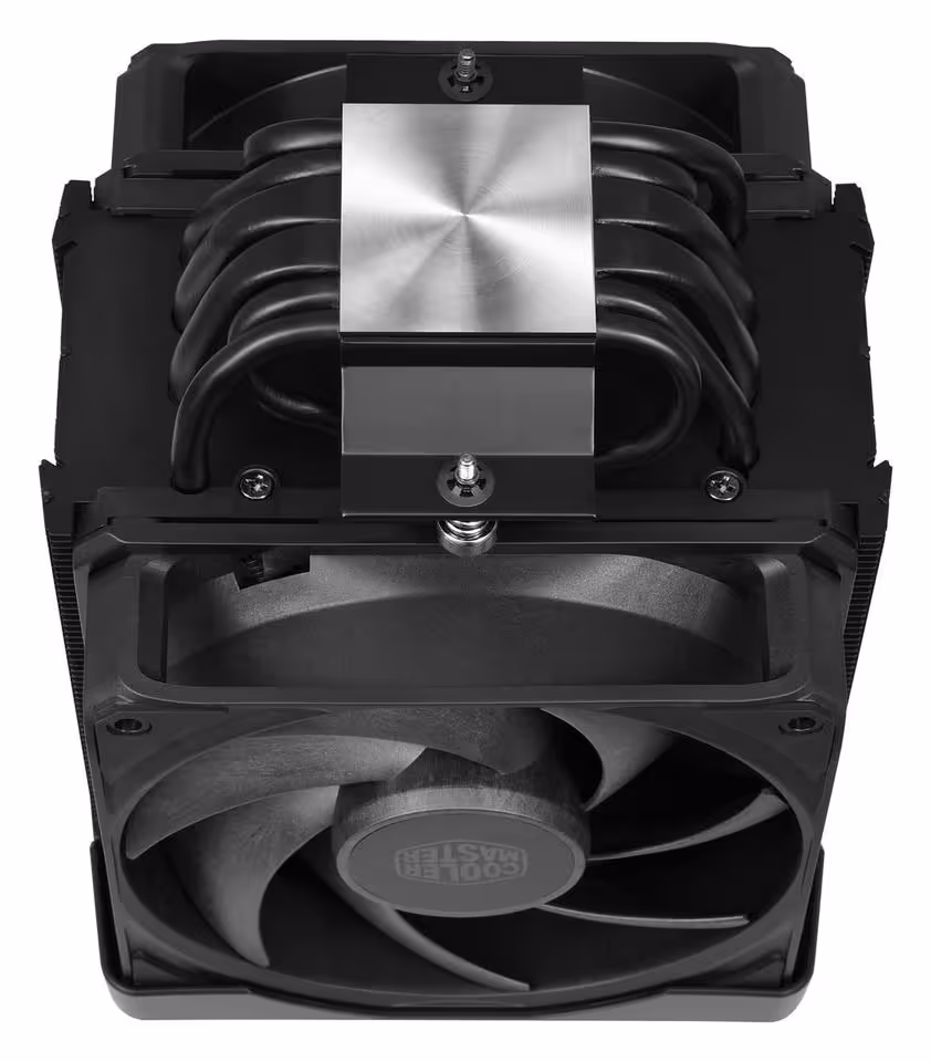V8 ACE 3DHP : Cooler Master vise le niveau des doubles tours avec un format simple tour 9 Vue du dessus du Cooler Master V8 3DHP, montrant la plaque supérieure et le ventilateur inférieur