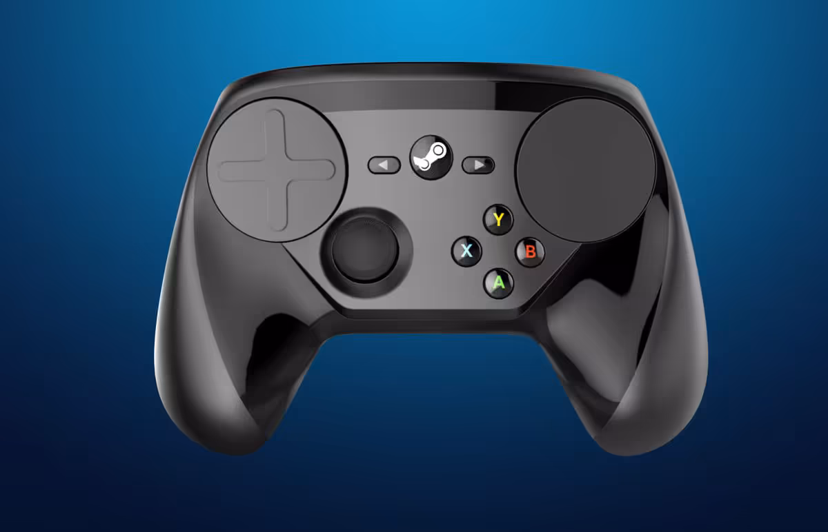 Rendu 3D Valve Steam Controller finition brillante fond bleu contrasté L'image 2 est la meilleure pour une miniature car elle