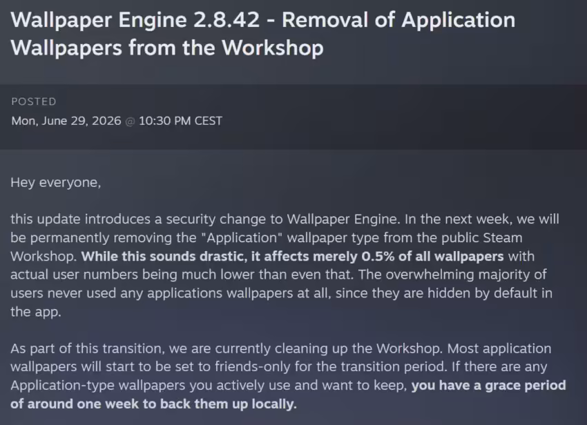 Wallpaper Engine removes 0.5% of Workshop wallpapers after security review