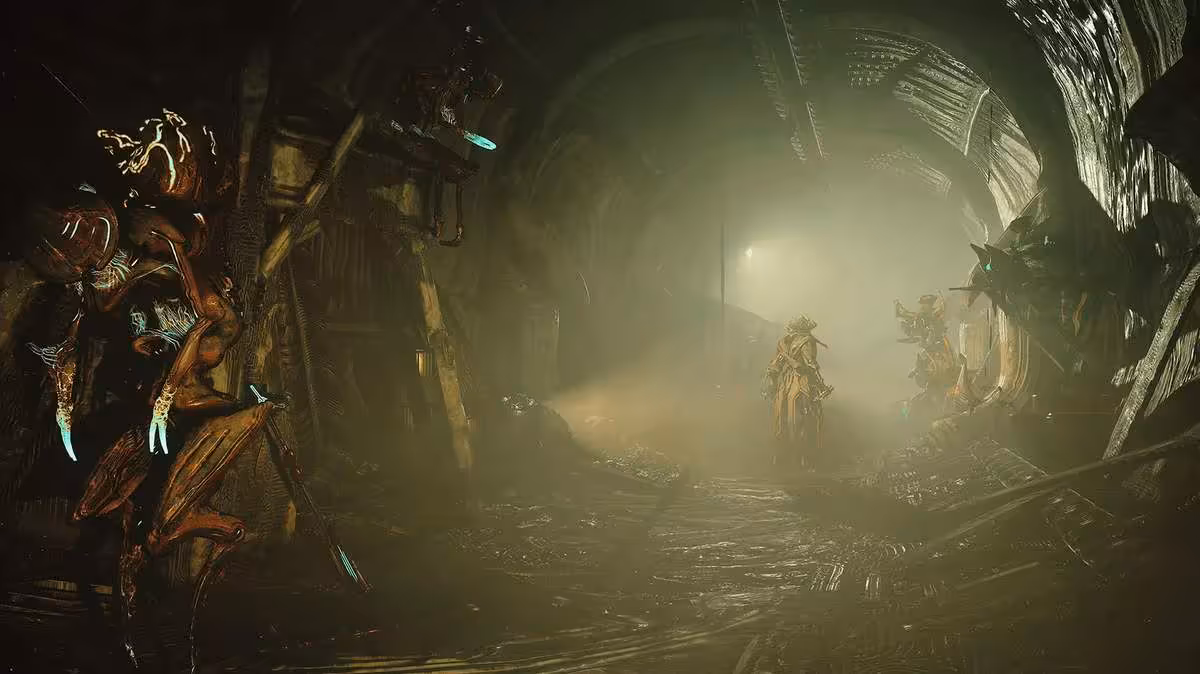 Warframe Tau : Digital Extremes ouvre enfin le système Tau et Brysko en 2026 3 Couloir organique verdâtre de Warframe, avec un personnage au centre dans une brume lumineuse