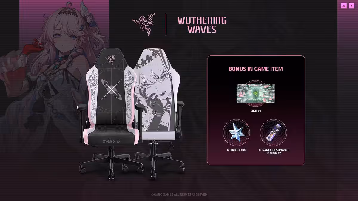 Wuthering Waves x Razer : une première gamme officielle avec chaise, clavier et souris 2 Chaise gaming Razer Wuthering Waves noire et blanche avec illustration du personnage et bonus in-game