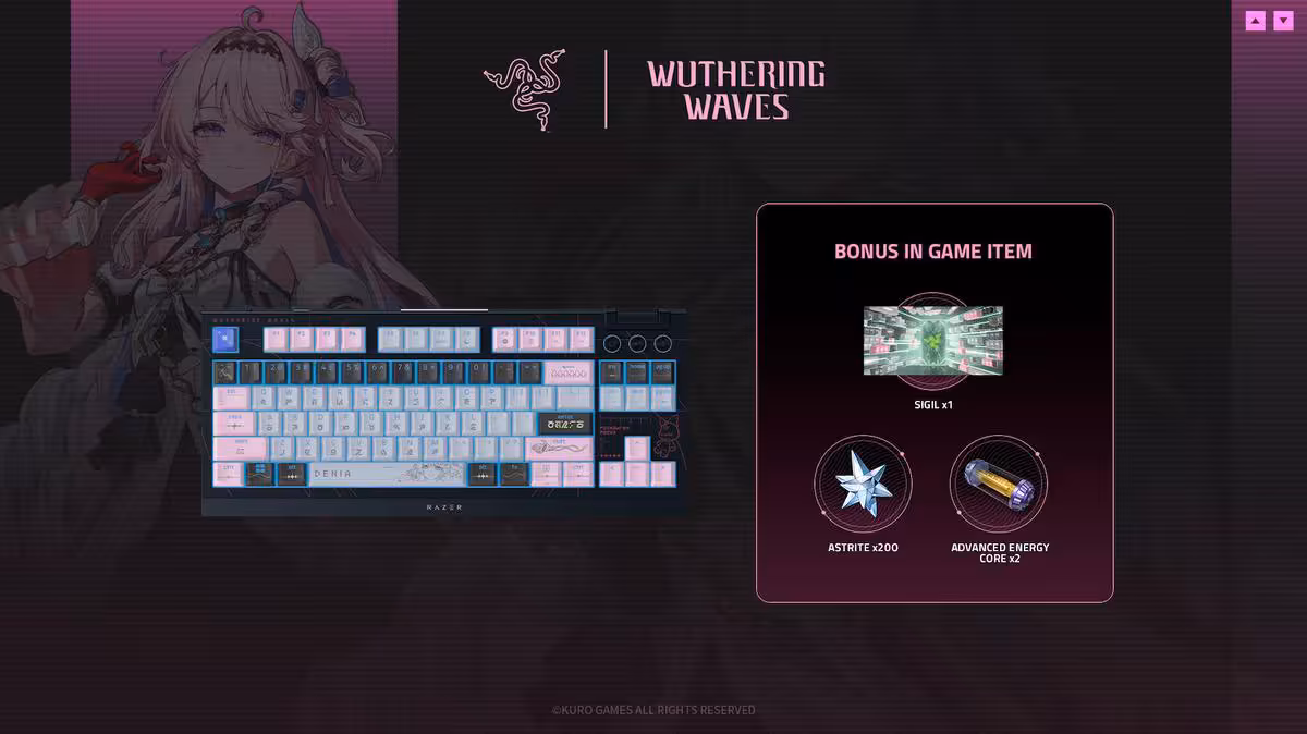 Wuthering Waves x Razer : une première gamme officielle avec chaise, clavier et souris 3 Clavier mécanique Razer Wuthering Waves avec touches pastel et bonus in-game affichés à droite