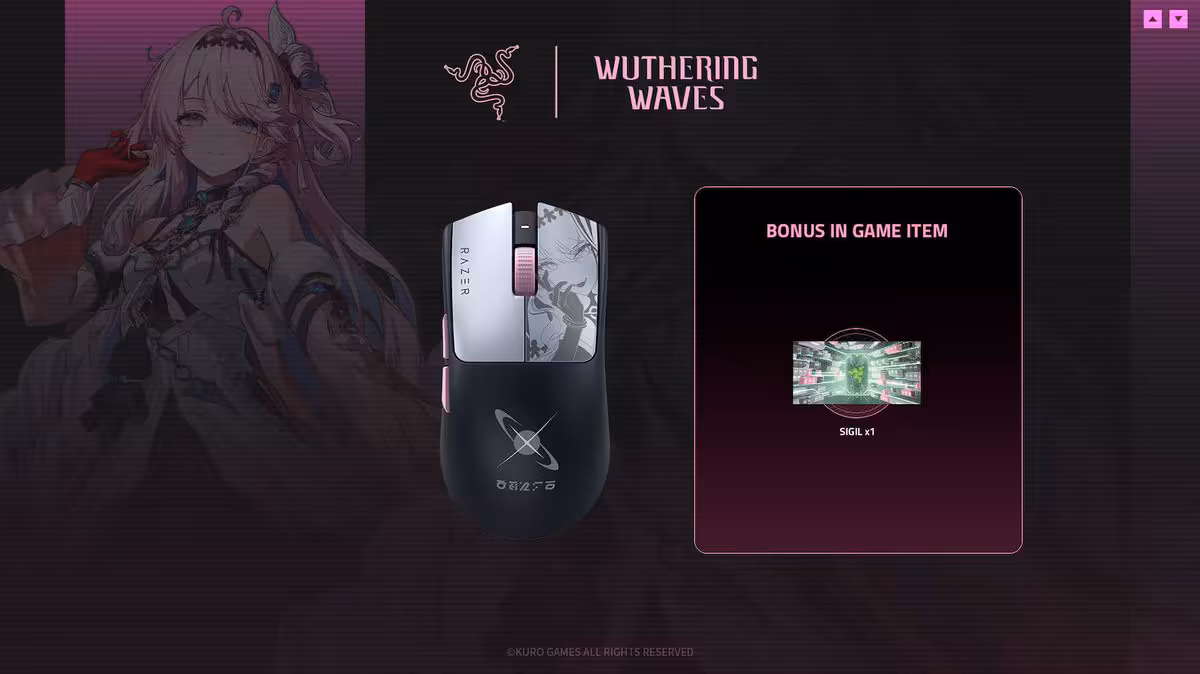 Wuthering Waves x Razer : une première gamme officielle avec chaise, clavier et souris 4 Souris gaming Razer DeathAdder V3 blanche et noire avec illustration Wuthering Waves et bonus in-game