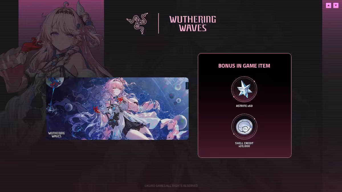 Wuthering Waves x Razer : une première gamme officielle avec chaise, clavier et souris 5 Tapis de souris Razer Wuthering Waves illustré en bleu et rose avec bonus in-game à droite