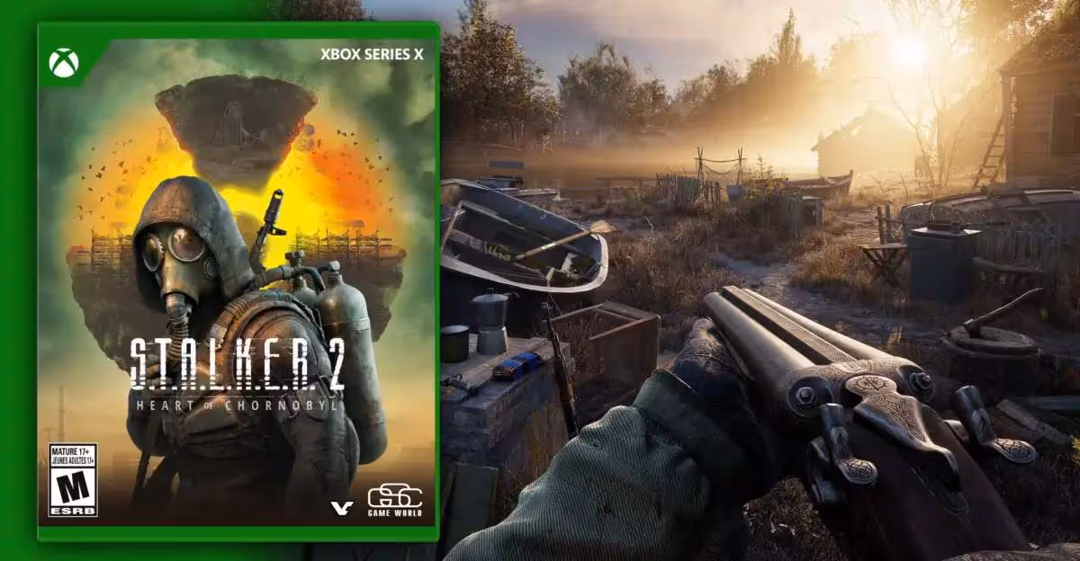 Boîtier Xbox Series X avec jaquette S.T.A.L.K.E.R. 2 fond paysage apocalyptique, couleurs vives