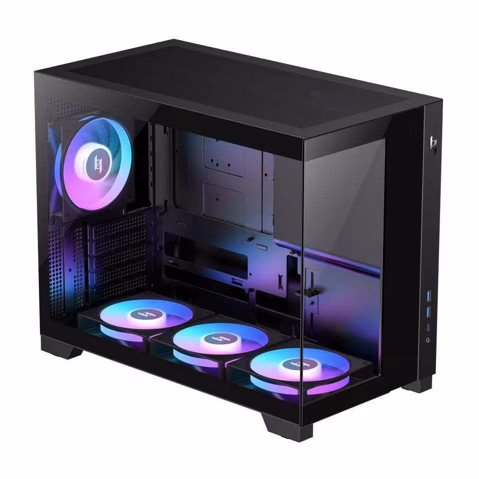Boîtier PC panoramique noir avec trois ventilateurs RGB en bas et un ventilateur arrière éclairé