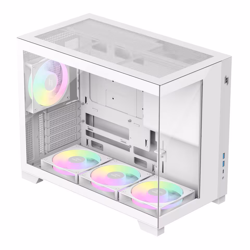 Boîtier PC panoramique blanc avec trois ventilateurs RGB en bas et un ventilateur arrière éclairé