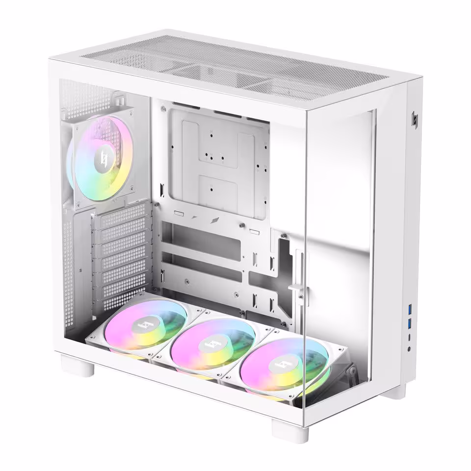 Boîtier PC panoramique blanc XERON NEX, vue intérieure avec panneau verre trempé et trois ventilateurs RGB