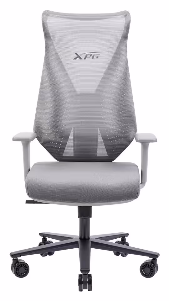 Chaise gaming XPG blanche, vue de face, dossier mesh et assise rembourrée grise