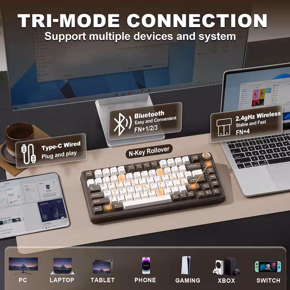 Yunzii B75 PRO : de nouveaux coloris pour ce clavier 75 % tri-mode et hot-swap 4 Yunzii B75 Pro connecté en Bluetooth, USB-C et 2,4 GHz à un PC, laptop, tablette et console