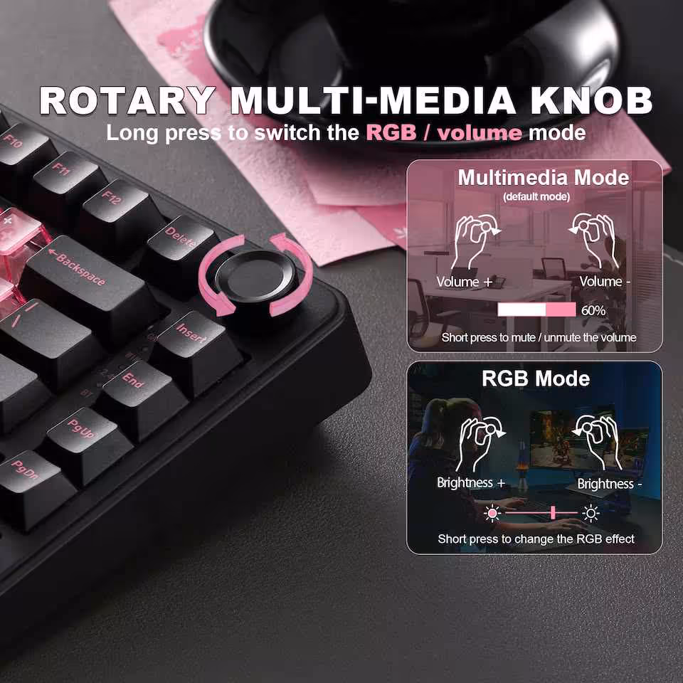 Yunzii B75 PRO : de nouveaux coloris pour ce clavier 75 % tri-mode et hot-swap 5 Zoom sur la molette multimédia du Yunzii B75 Pro, modes volume et éclairage RGB