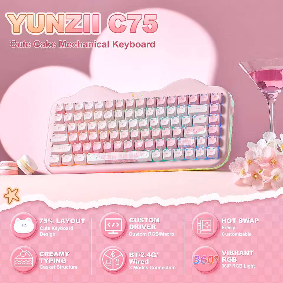 Clavier mécanique YUNZII C75 rose, photo marketing avec logo, 75 % layout, hot swap, RGB et connexion tri-mode