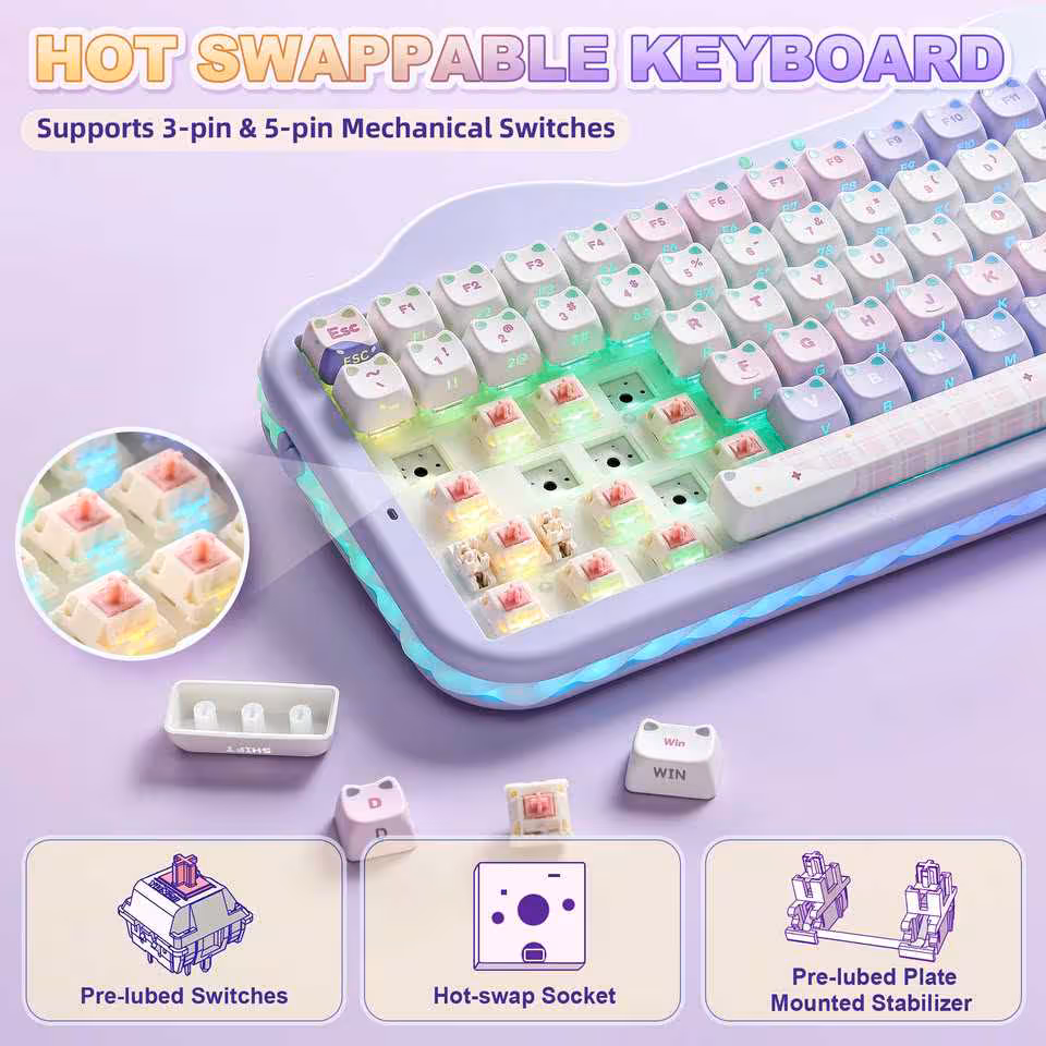 Clavier YUNZII C75 hot-swappable, compatible switches 3 et 5 broches, avec sockets et stabilisateurs pré-lubrifiés