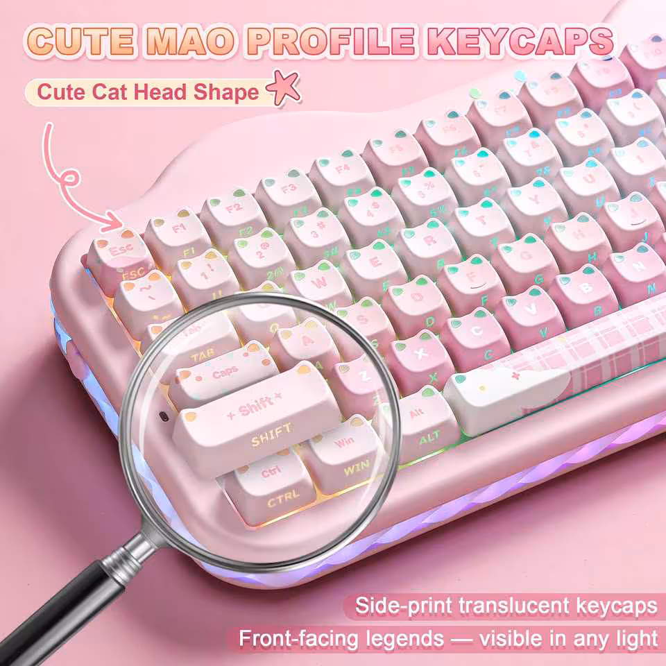 Gros plan sur les keycaps MAO en forme de tête de chat du YUNZII C75, légendes translucides