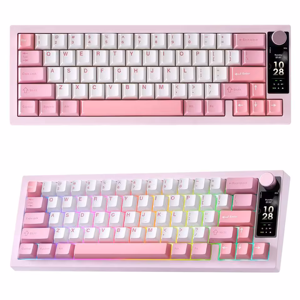 Yunzii IF68 : un clavier 65 % avec écran TFT, QMK/VIA et batterie 8000 mAh 2 Clavier Yunzii IF68 rose et blanc, vue de dessus avec écran TFT latéral et molette de volume