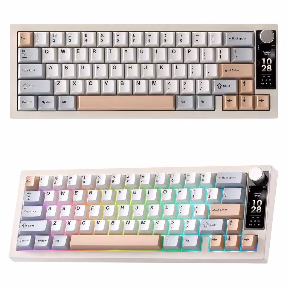 Yunzii IF68 : un clavier 65 % avec écran TFT, QMK/VIA et batterie 8000 mAh 3 Clavier Yunzii IF68 beige et blanc, finition pastel avec écran TFT latéral et molette de volume