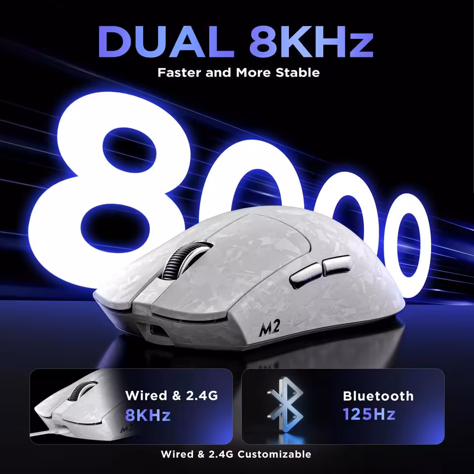 Yunzii M2 blanche illustrant le polling rate 8KHz en filaire et 125 Hz en Bluetooth
