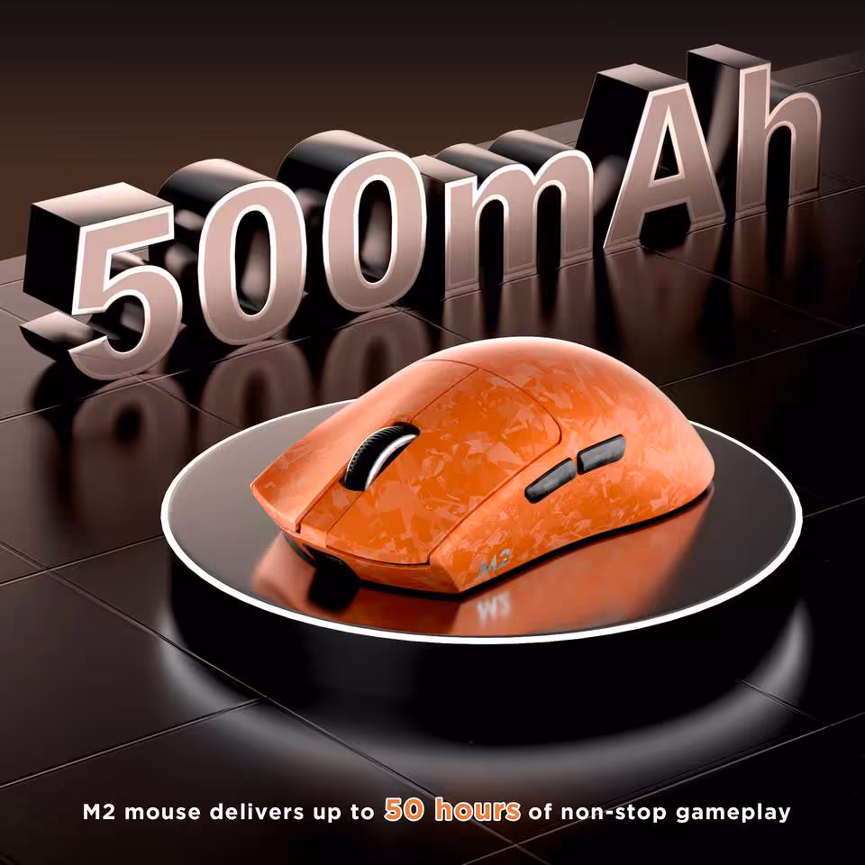 Yunzii M2 orange sur socle, mettant en avant la batterie 500 mAh et 50 heures d’autonomie