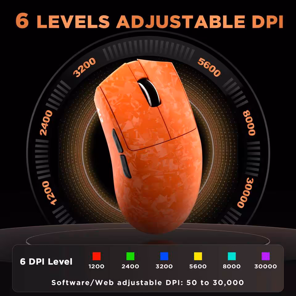 Yunzii M2 orange avec cadran DPI, de 1200 à 30000, et six niveaux ajustables