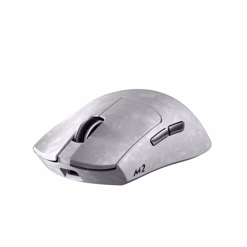 Souris Yunzii M2 blanche, vue isométrique sur fond blanc, modèle sans fil compact