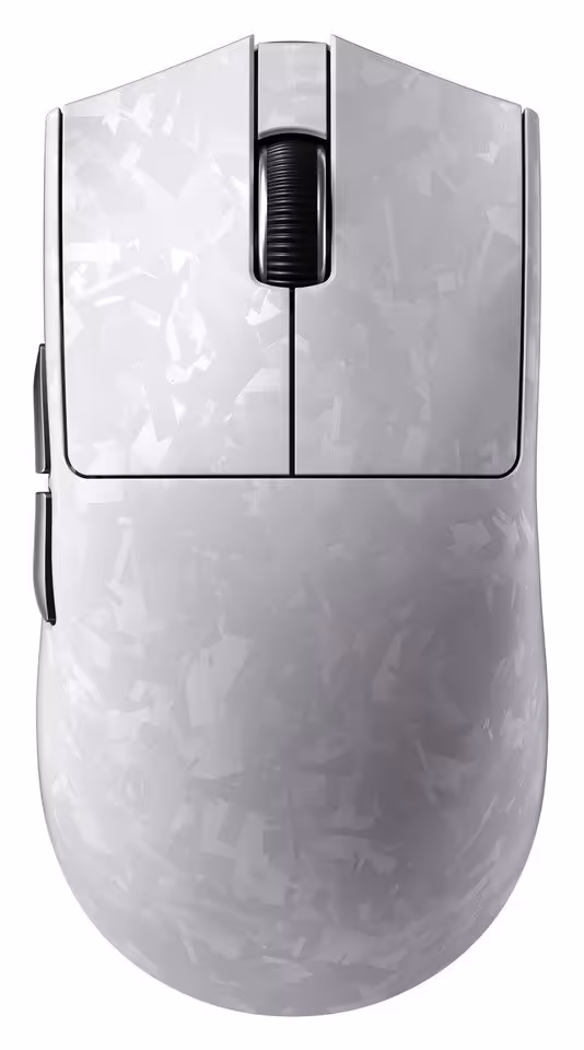 Souris Yunzii M2 blanche, vue de dessus, molette centrale et boutons latéraux visibles