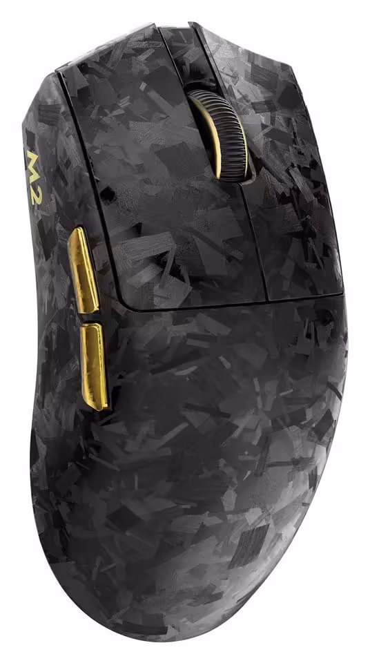 Souris Yunzii M2 noire motif carbone, molette jaune et boutons latéraux dorés