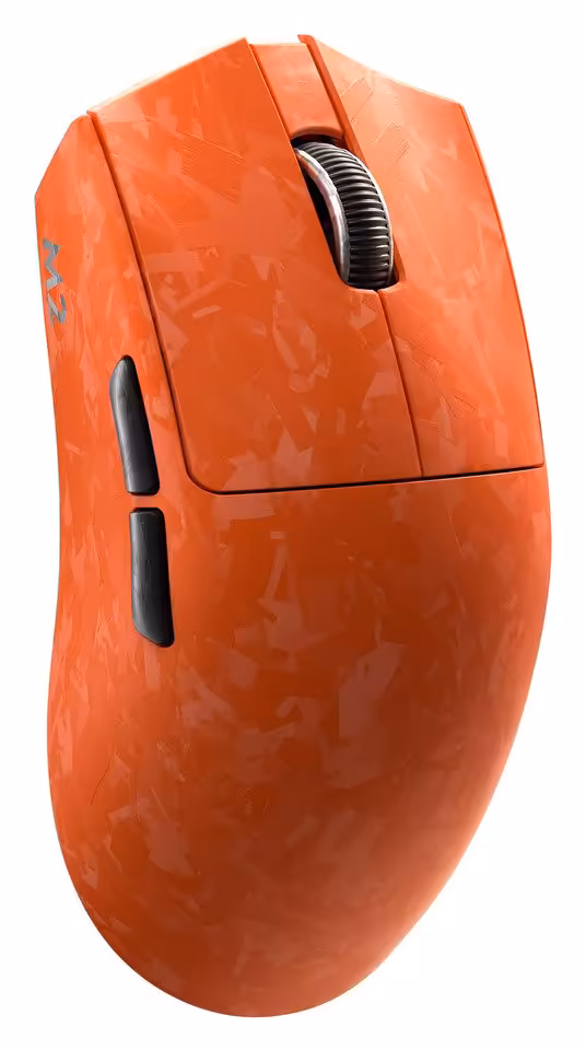 Souris Yunzii M2 orange, vue de dessus, molette centrale et boutons latéraux noirs