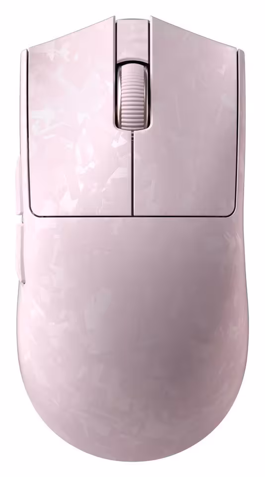 Souris Yunzii M2 rose clair, vue de dessus, molette centrale et boutons latéraux assortis