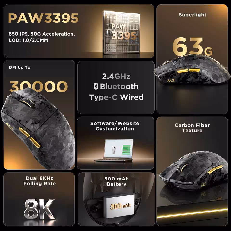 Infographie Yunzii M2 noir carbone présentant PAW3395, 30 000 DPI, 8KHz, 500 mAh et 63 g