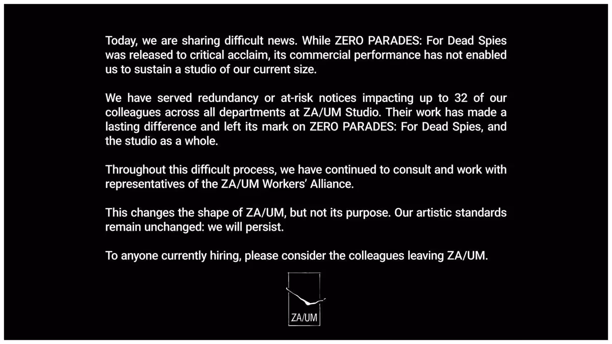 ZA/UM supprime jusqu’à 32 postes après l’échec commercial de Zero Parades: For Dead Spies 3 Communiqué officiel ZA/UM en texte blanc sur fond noir annonçant des suppressions de postes