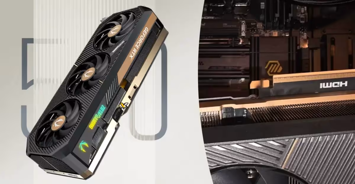 RTX 5090 : une ZOTAC SOLID part en fumée près du slot PCIe après 5 minutes de jeu 2 Carte graphique ZOTAC RTX 5090 avec ventilateurs et éclairage professionnel, arrière-plan neutre