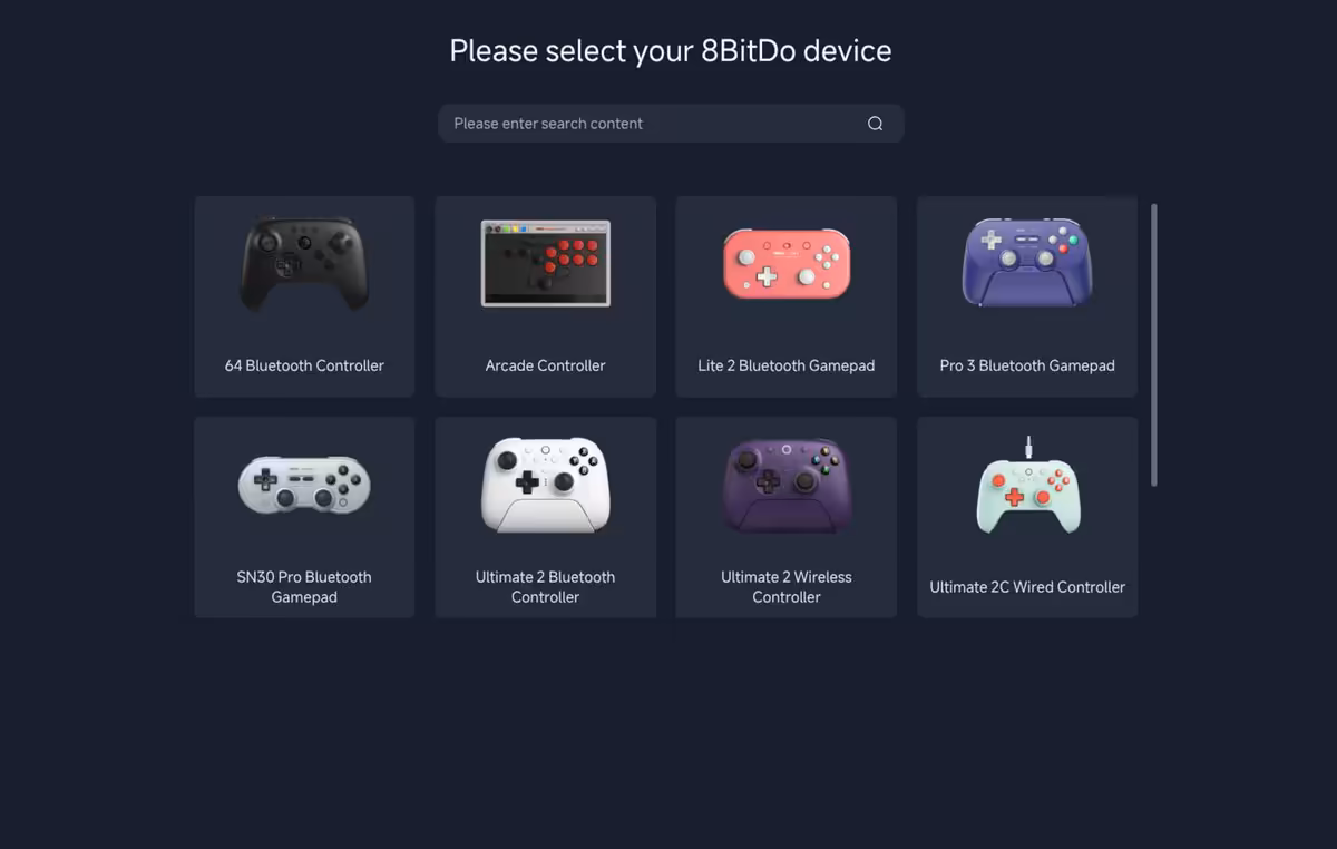 8BitDo Ultimate Software Online arrive sur navigateur pour étendre la compatibilité Linux 2 Interface 8BitDo avec sélection de manette, montrant Ultimate Bluetooth Controller, Pro 2 et SF30 Pro