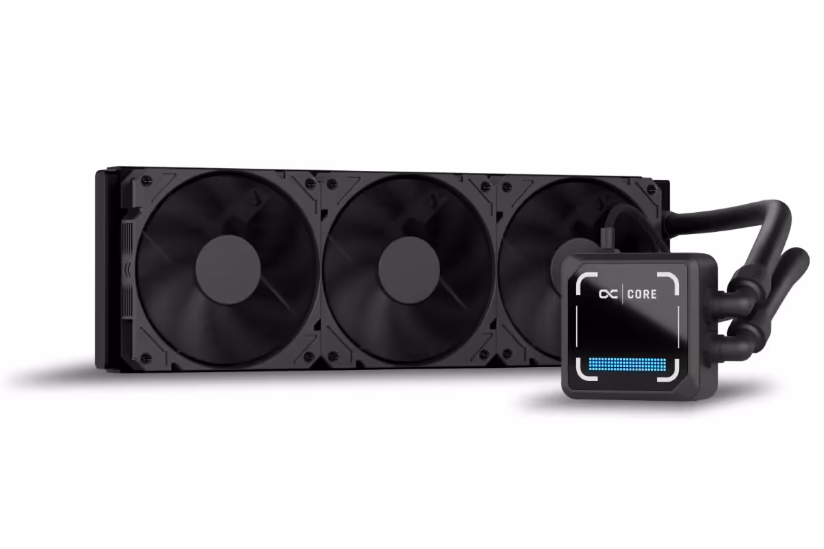 Radiateur Alphacool Core 2 LT AIO avec trois ventilateurs noirs et bloc pompe Core RGB