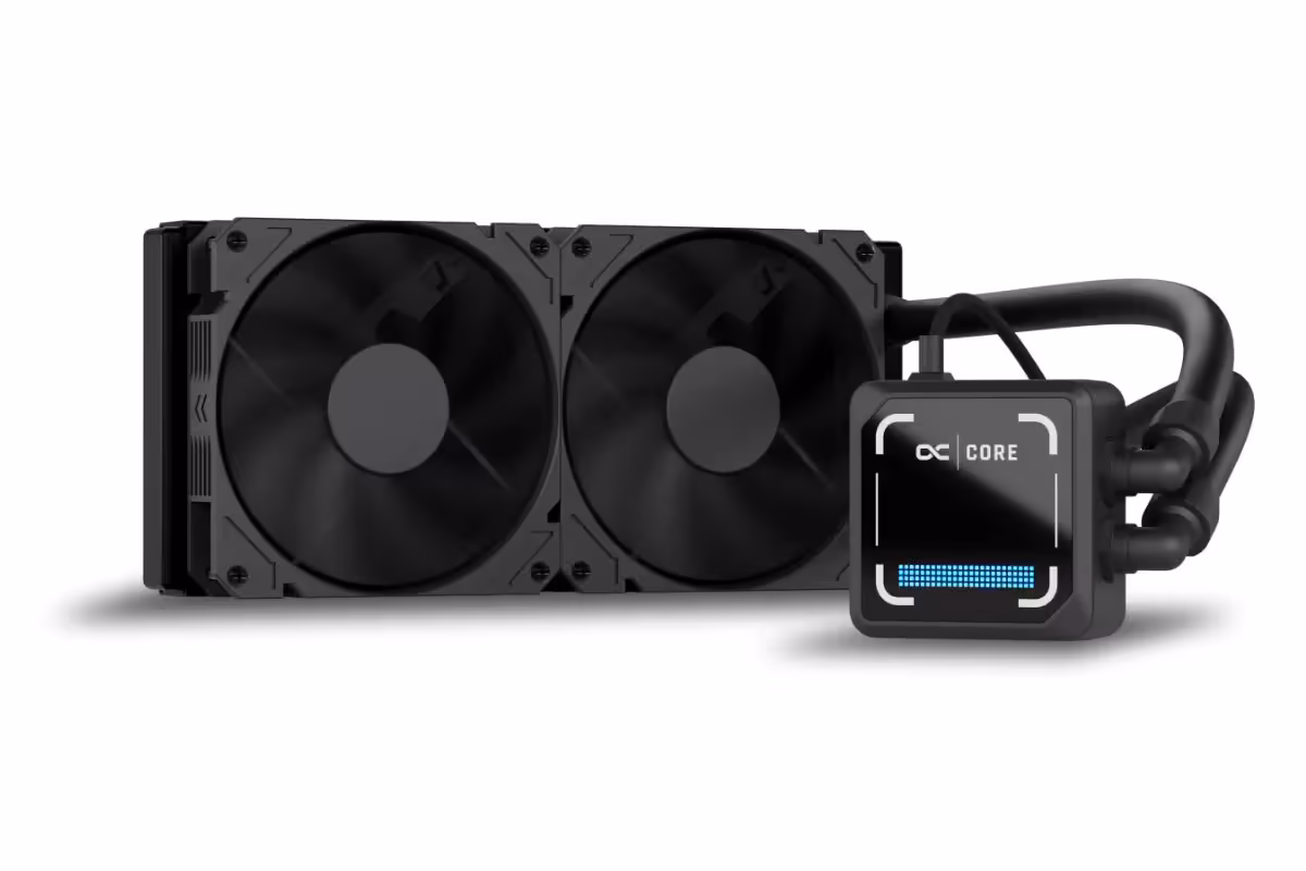 Radiateur Alphacool Core 2 LT AIO avec deux ventilateurs noirs et bloc pompe Core RGB