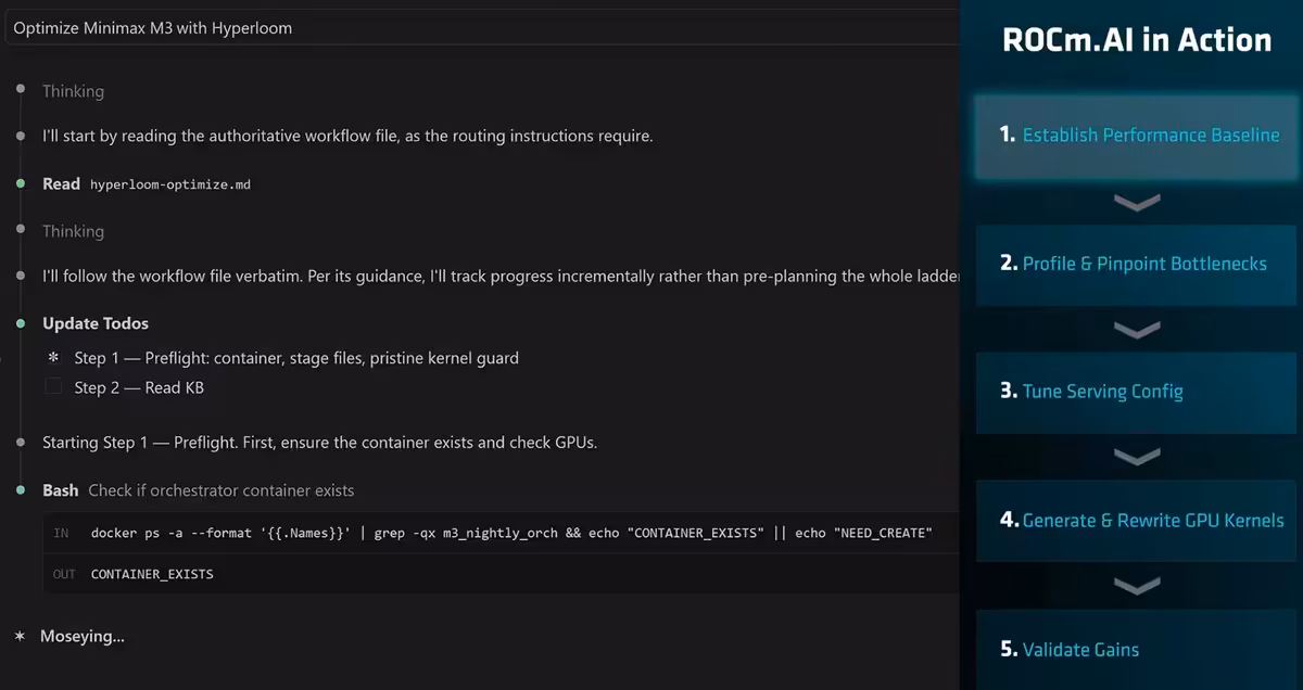 ROCm 10 arrive avec ROCm.AI, saute les versions 8 et 9 et aligne Windows sur Linux 8 Interface utilisateur ROCm.AI avec liste d'actions sur fond sombre.
